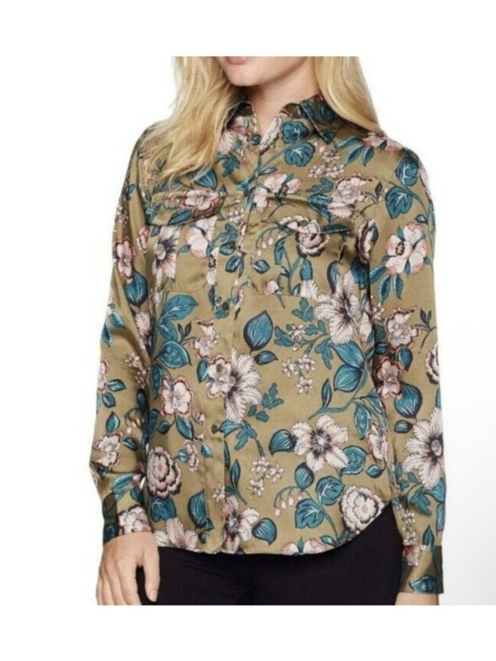 Lauren Ralph Lauren Womens Floral Pockets Button Shirt Medium Green Olive SP GDD